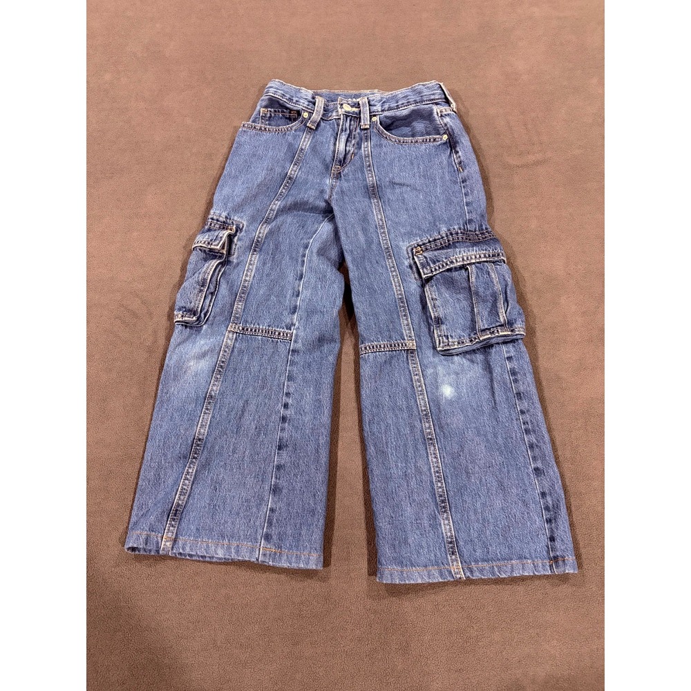 Old Navy Baggy Cargo Jeans Kids 10 Blue Denim Cotton High Rise Straight Leg